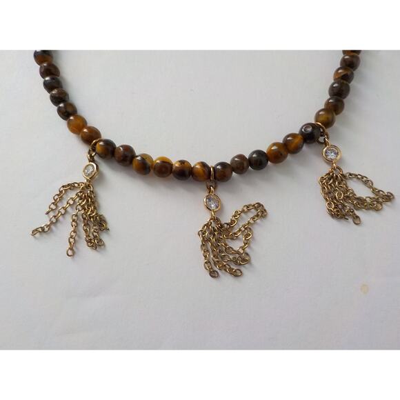 Etikka Choker Necklace Tiger Eye Round Stone with 3 Crystals accents Length 16" - Picture 10 of 12